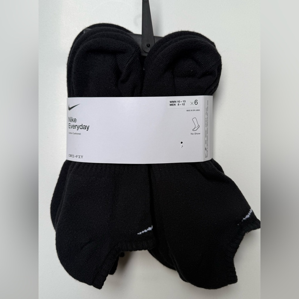 NEW 6 Pair NIKE No Show DRI-FIT Everyday Socks - Black - Men 8-12 / Women 10-13